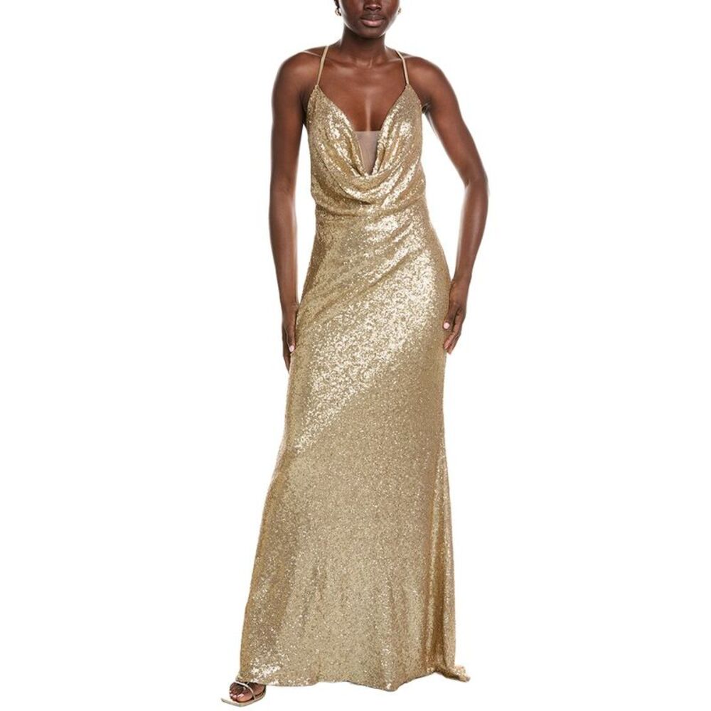 Rene Ruiz Womens  Draped Cowl Neckline Gown, Brown